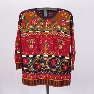 Cullinane Vintage 80s Colorful Romantic Sweater Women's LARGE Cottage Cozy Ramie